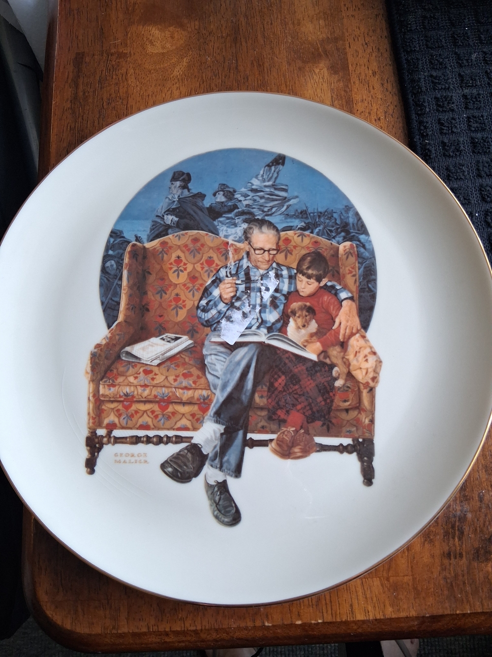 Collectible Decorative Plate with Grandfather and Child Illustration - White